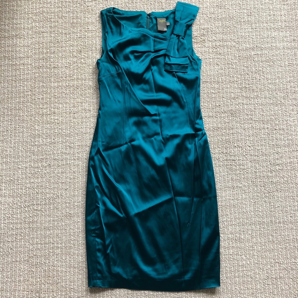 Taylor Teal Satin Bow Cocktail Dress